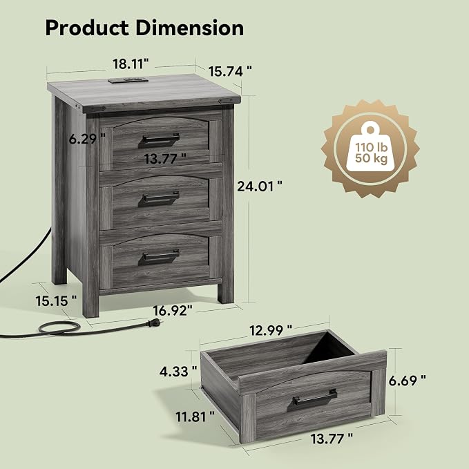Decofy Farmhouse Nightstand Set of 2 with Charging Station, 18'' Wide Rustic End Table with USB/Type-C Ports, 3 Drawers, Wood Bedside Table for Bedroom, Grey Oak - Image 2