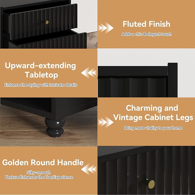 Modern Nightstand, Fluted End Table with 2 Drawers, Nightstand with Open Shelf for Bedroom (2, Black) - Image 5
