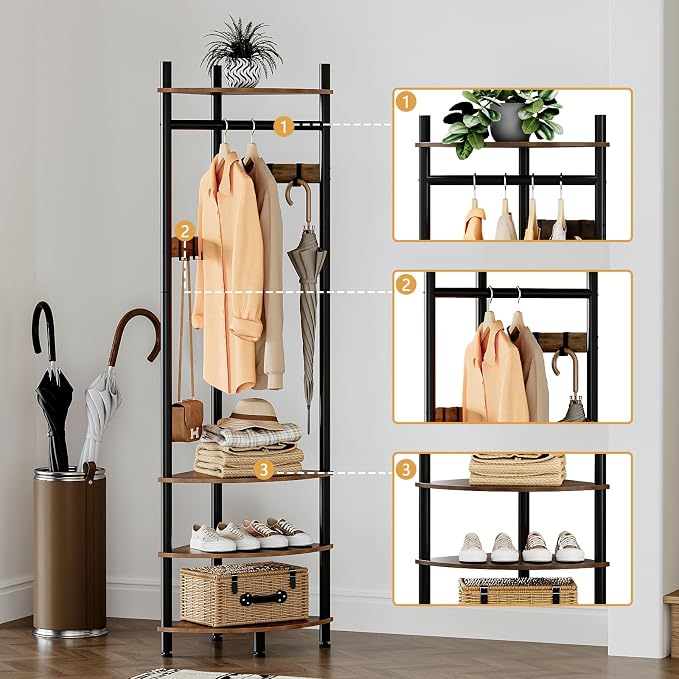 GiftGo Corner Hall Tree with Shoe Rack Entryway Coat Rack with 6 Metal Movable Hooks Floor Standing Clothes Rack Organizer for Home Office Bedroom (Rustic Brown) - Image 2