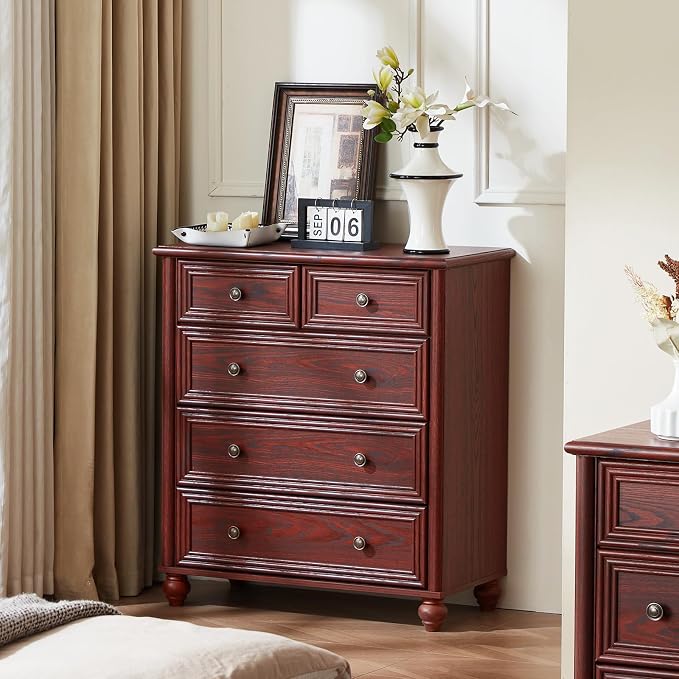 RWYHG Farmhouse 5 Drawer Dresser for Bedroom, 35.5" Tall Small Dressers & Chest of Drawers, Rustic Wood Dresser with Roman Column, Storage Organizer for Living Room, Hallway, Closet (Red Oak) - Image 8
