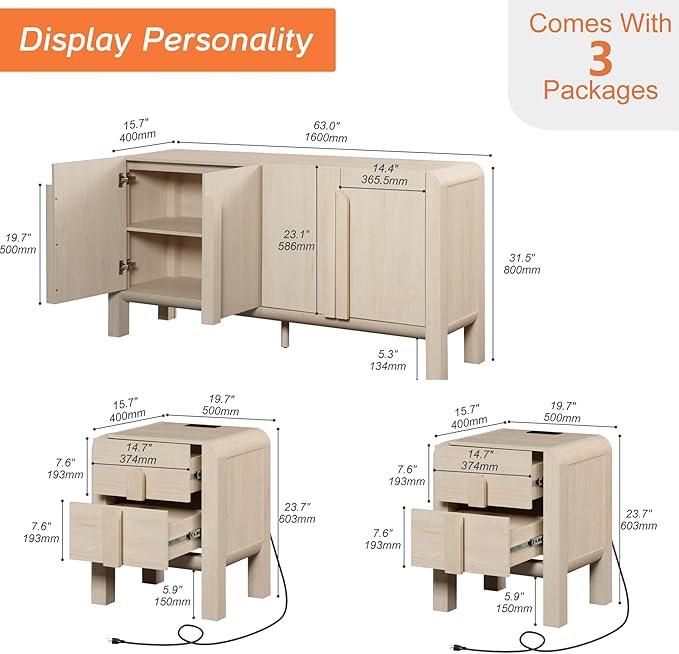 WAMPAT 3 Piece Beige Dresser and Nightstand Set, Modern 63" Wide Dresser Cabinet and Nightstand Set with Charging Station, Wood Storage Closet Chest with Curved Profile Handles for Bedroom