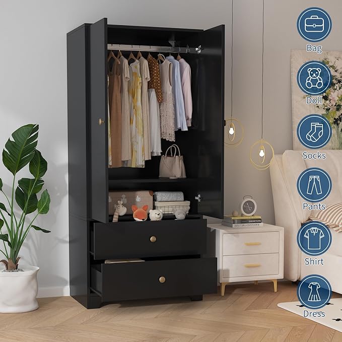 TROPOW Wood Armoire Wardrobe Closet, 71" Wood Clothing Storage Cabinets with 2 Doors, 1 Adjustable Shelf and 2 Drawers, Wardrobe Cabinet with Hanging Rod for Bedroom, Gym, Cloak Room, Black