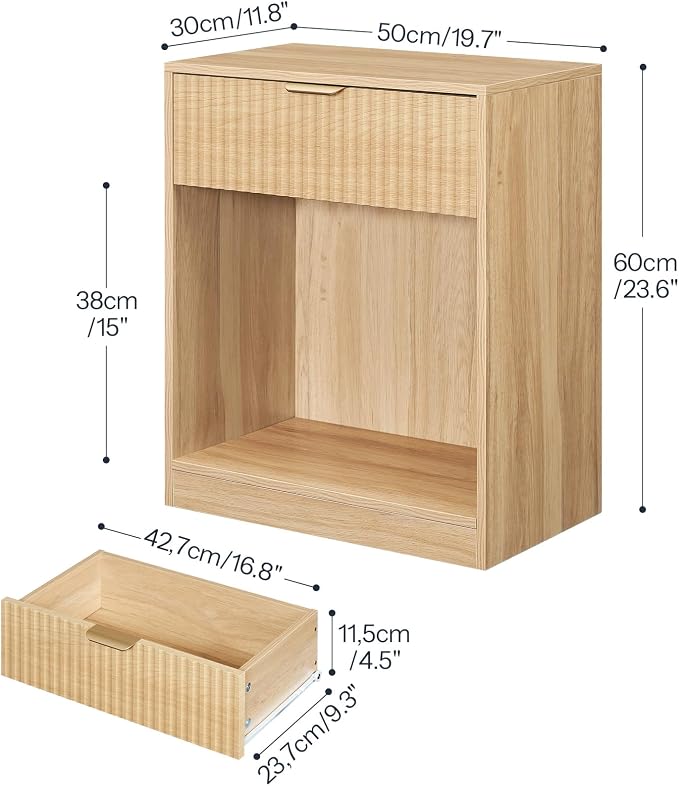HOOBRO Fluted Nightstand, Modern Bedside Table with 1 Drawer and 1 Open Compartment, Wooden End Table with Metal Handle, for Bedroom and Office, Natural NL208BZ01 - Image 3