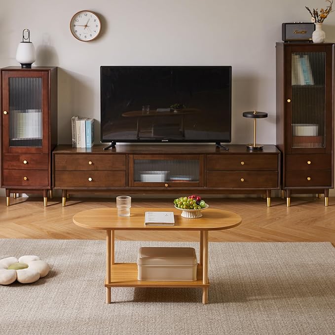 Wooden Tea Table Small Coffee Table, 2 Tier Coffee Table for Living Room, 35x16x17inch Tea Table Stand with Storage Shelf Natural Wood Color YD-012N