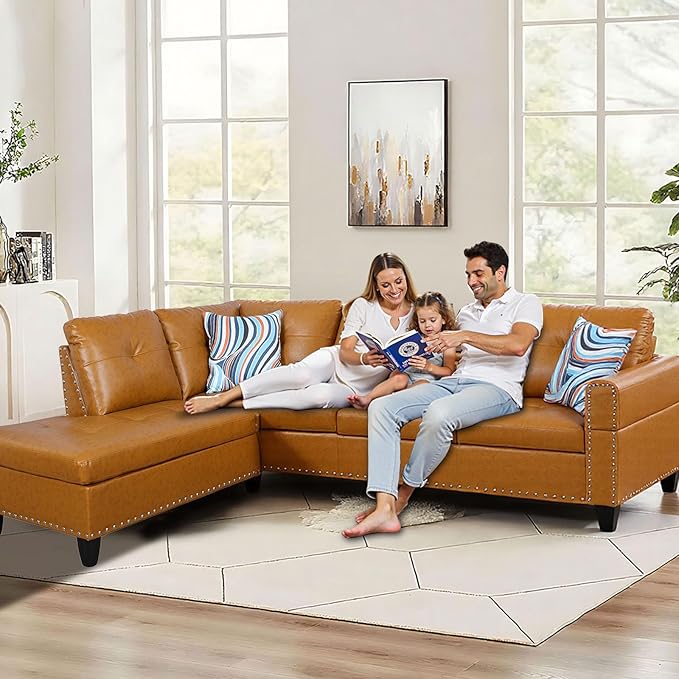 L Shape Sectional Couch with Chaise, 97.5 Inch Modular Sofa with Cup Holders, Sectional Couches for Living Room, Ergonomic Reclined Backrest, for Office and Small Apartment, Ginger