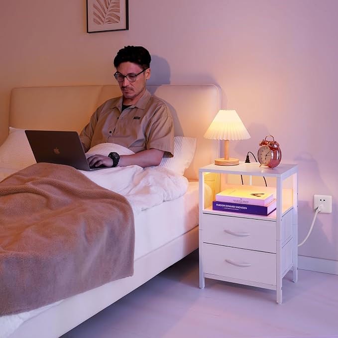 Yoobure Nightstand with Charging Station, LED Night Stand with Fabric Drawers and Storage Shelf for Bedroom, Nightstands Bedside Tables with USB Ports & Outlets, Small Night Stands, Bed Side Table - Image 2