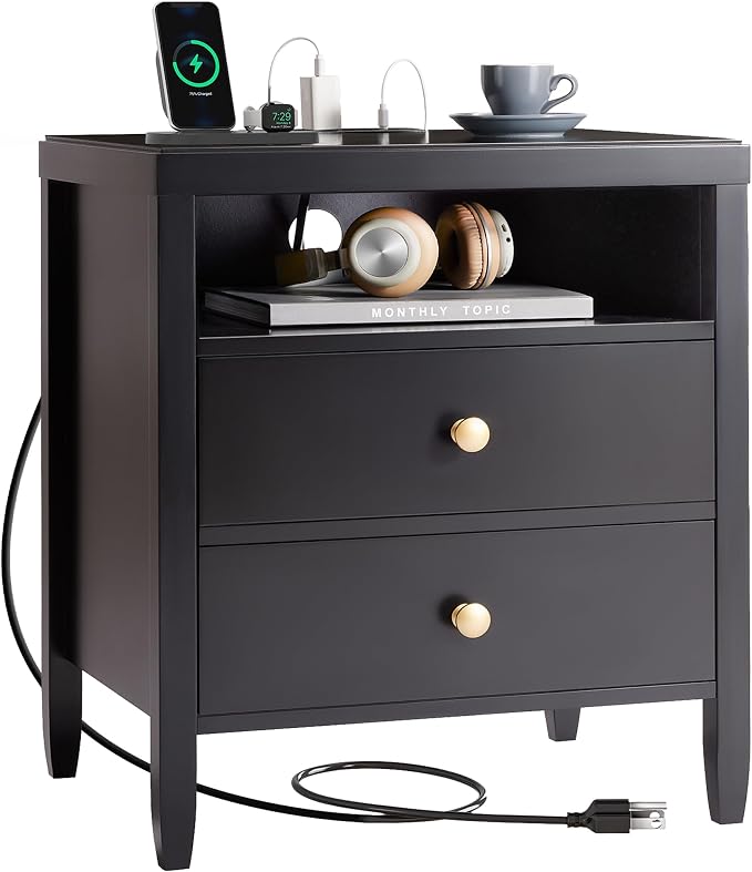 Huuger Nightstand with Charging Station, Black Nightstand with 2 Drawers, Bed Side Table for Bedroom, Bedside Table with Storage, Modern Nightstands, Metal Knobs, Painted Surface - Image 9