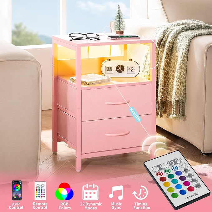 Yoobure Nightstand with Charging Station, LED Night Stand with Fabric Drawers and Storage Shelf for Bedroom, Nightstands Bedside Tables with USB Ports & Outlets, Small Night Stands, Bed Side Table - Image 4