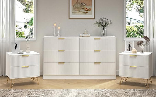 Dresser and Nightstand Sets, 6 Drawer Dresser Set for Bedroom 3 Piece, 55” Wide Wooden Fluted White Dressers W/Metal Handle & Night Stand Set of 2, Modern Bedroom Furniture Sets, White
