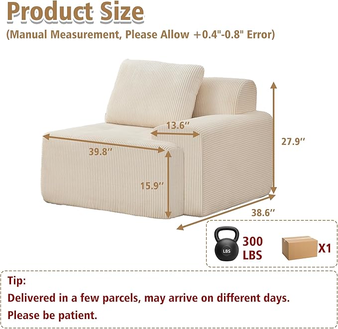 KIGOTY Modular Sectional Sofa, Comfy Cloud Sectional Couch with Right Armrest, Corner Sofa, Modern Boneless Couch for Living Room, No Assembly Required, White