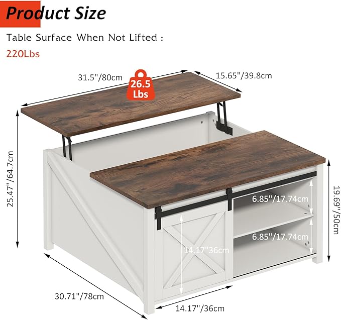 PUKAMI Lift Top Coffee Table with Storage, 31.5" Farmhouse Coffee Table for Living Room, Square Coffee Tables with Large Hidden Storage and Sliding Barn Doors, White