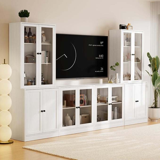 TUSY 71" TV Stand Storage Set - 2 Tall Bookcases & 2 Side Cabinets, Media Console with Glass & Wood Doors, Entertainment Center with Drawers, Tall Media Console for Living Room (White, ADDA) by TUSY