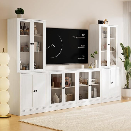 TUSY 71" TV Stand Storage Set - 2 Tall Bookcases & 2 Side Cabinets, Media Console with Glass & Wood Doors, Entertainment Center with Drawers, Tall Media Console for Living Room (White, ADDA) by TUSY