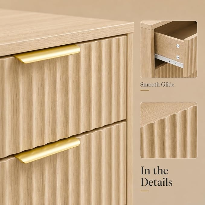 24" Tall Wood Nightstand, Mid-Century Modern Fluted Bedside Table with 3 Drawers, Small Oak Dresser, Japandi Ribbed Side Table with Gold Legs, 1-Pack - Image 6