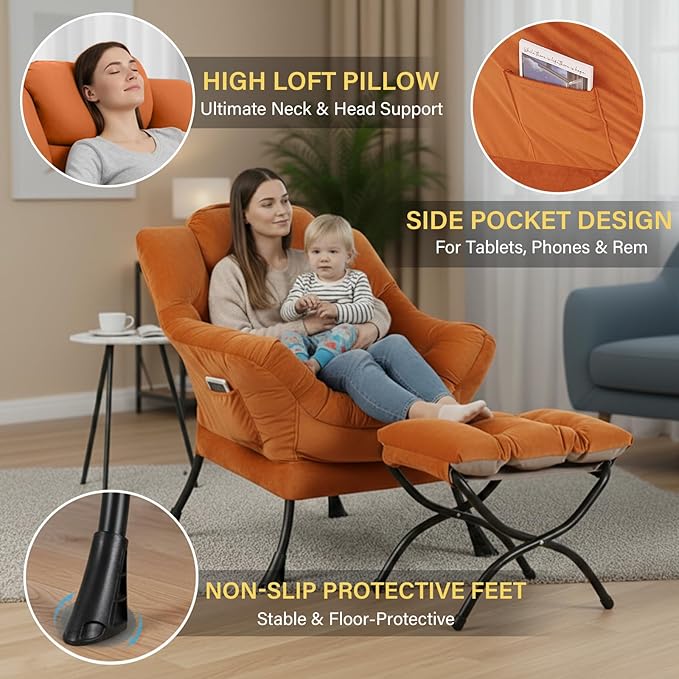 Lazy Chair and Ottoman, Large Accent Orange Velvet Chair with Side Pocket, Modern Leisure Upholstered Reading Armchair with Footrest for Office, Bedroom, Living Room, Dorm Rooms, Balcony