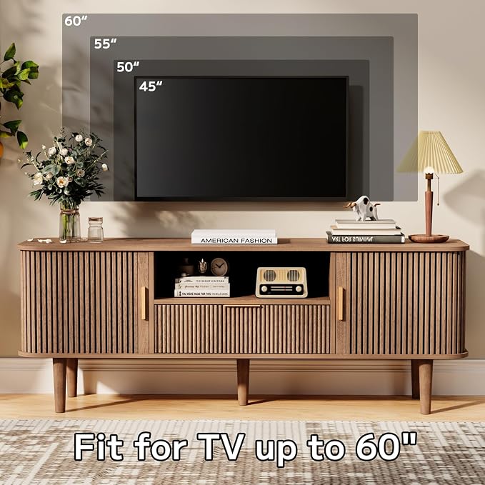 Fluted TV Stand, 55 Inch Mid Century Modern Media Console Table with Sliding Tambour Door Farmhouse Sideboard Buffet Cabinet Fits TVs up to 60 inch, Wood Entertainment Center for Living Room - Image 3