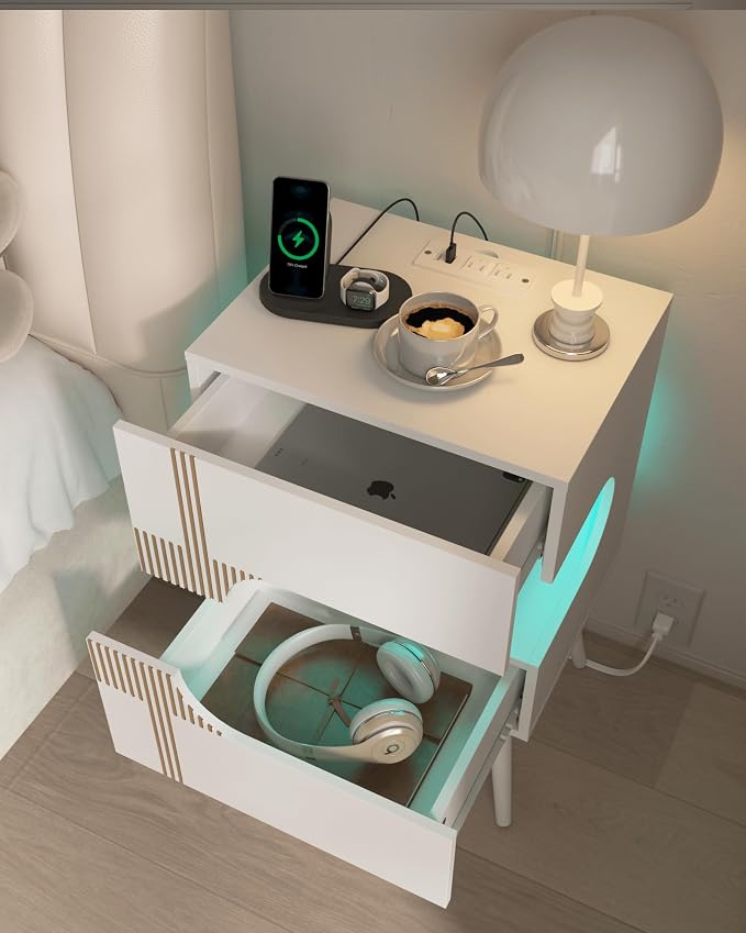 JOONEE White Nightstand with Charging Station and LED Lights,Modern Bedside Table with 2 Storage Drawer,Night Stand with Solid Wood Legs,White (White-2) - Image 4