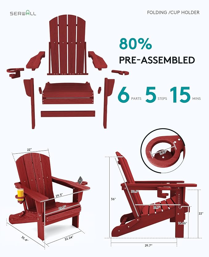 SERWALL Adirondack Chair with Cup Holders - Composite Adirondack Chairs HDPE Outdoor Chairs All Weather Use- Dark Red - Image 3
