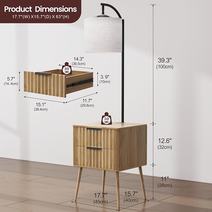 HNEBC Fluted nightstand Set 2 with - with 3-Color Lights and Lampshades,Modern Night Stand with Charging Station,LED Bedside Table with 2 Drawers,Tall Side Table for Bedroom,Natural - Image 2