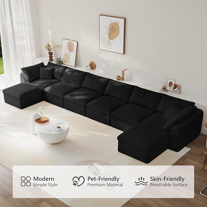 Modular Sectional Sofa Boneless Cloud Couch for Living Room, U Shape Deep Seat Recliner Sofa with Ottoman, Adjustable Backrest & 2 Throw Pillows - Covers Washable, (Black, 6 Seater+2 Ottoman)