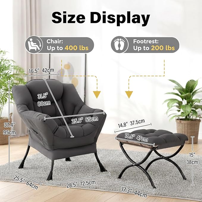 Lazy Chair with Ottoman, Large Dark Grey Accent Chair with a Side Pocket, Modern Leisure Upholstered Sofa Reading Armchair with Footrest for Office, Bedroom, Living Room, Dorm Rooms, Balcony
