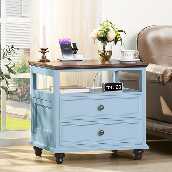 Joaxswe Farmhouse Nightstand with Charging Station, 24" Wide End Table with 2 Drawers, Light Blue Dresser for Bedroom,Wood Bed Side Table Chest of Drawers Cabinet,Night Stand for Living Room,Closet by Joaxswe