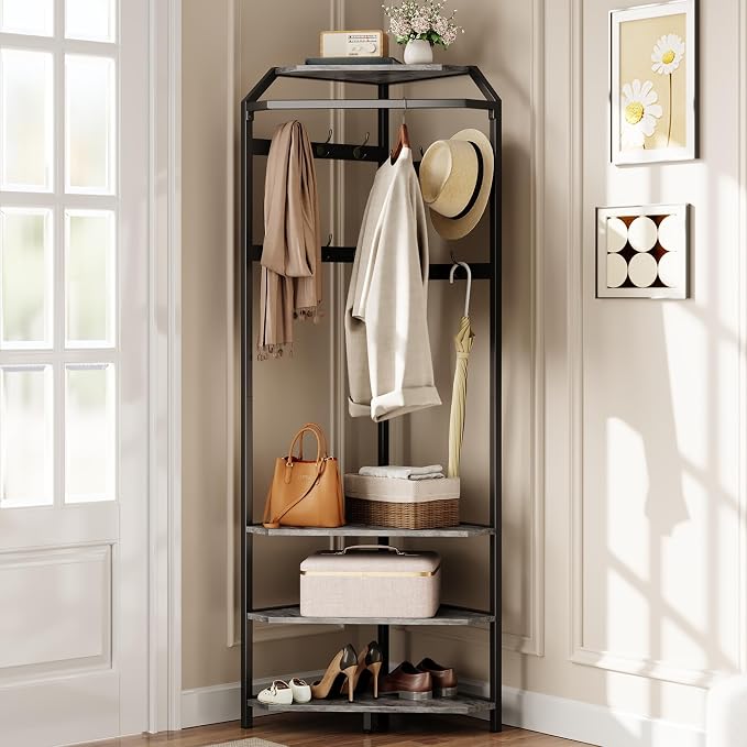 IDEALHOUSE Corner Coat Rack with Shoe Bench Entryway and 12 Double Hooks, Corner Hall Tree - Corner Clothes Rack with Storage Corner Tree with Organizer Shoe Bench Shelf for Entryway, Hallway, Closet by IDEALHOUSE
