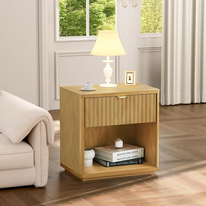 Night Stand, Nightstand with Drawers Bedside Table End Table, Modern Fluted Nightstand Bed Side Table for Bedroom Living Room (Natural) - Image 6