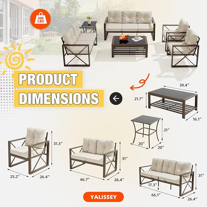 6 Pieces Outdoor Patio Furniture Set, Metal Porch Furniture Set, Outdoor Sectional Conversation Set w/Coffee Table & Side Table for for Poolside, Balcony, Yard, Beige