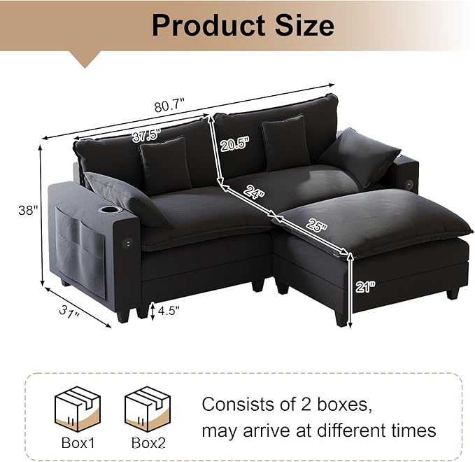 80.7" Modular Sectional Sofa, L Shaped Cloud Couch with Movable Ottoman, Chenille Deep Seat Cloud Sofa with Charging Station, Cup Holder, Side Pocket, Sectional Couches for Living Room, Black
