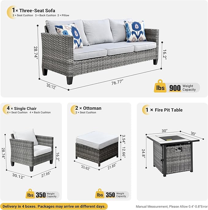 ovios 8 Pieces Patio Furniture Set with 30" Fire Pit Table, Outdoor Wicker Sofa with Comfy Cushions, All Weather High Back Rattan Couch Conversation Set, Grey