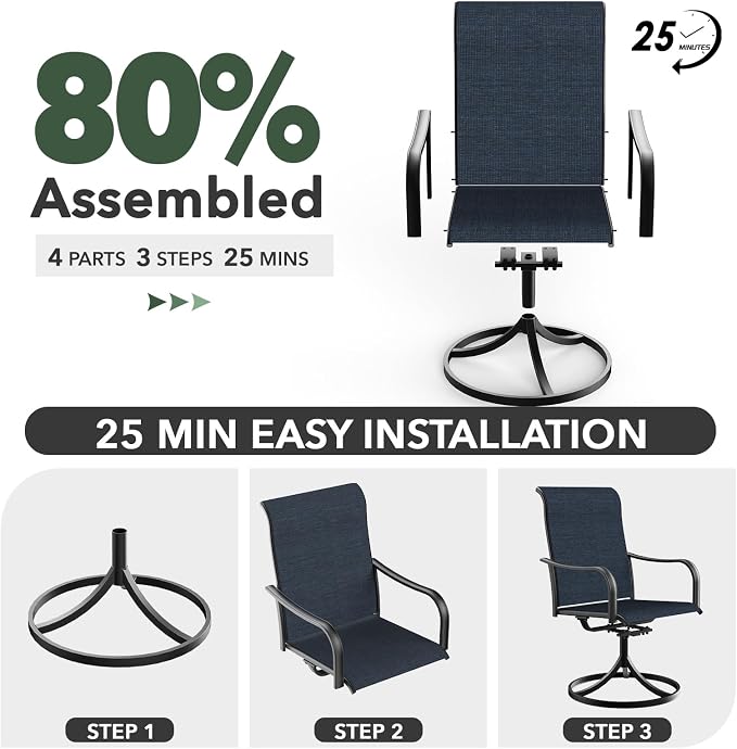 Anmutig Small Outdoor Patio Dining Set, 27.5 Inch Square Dining Table with 2 Navy Blue Swivel Chairs - Style2 - Image 7