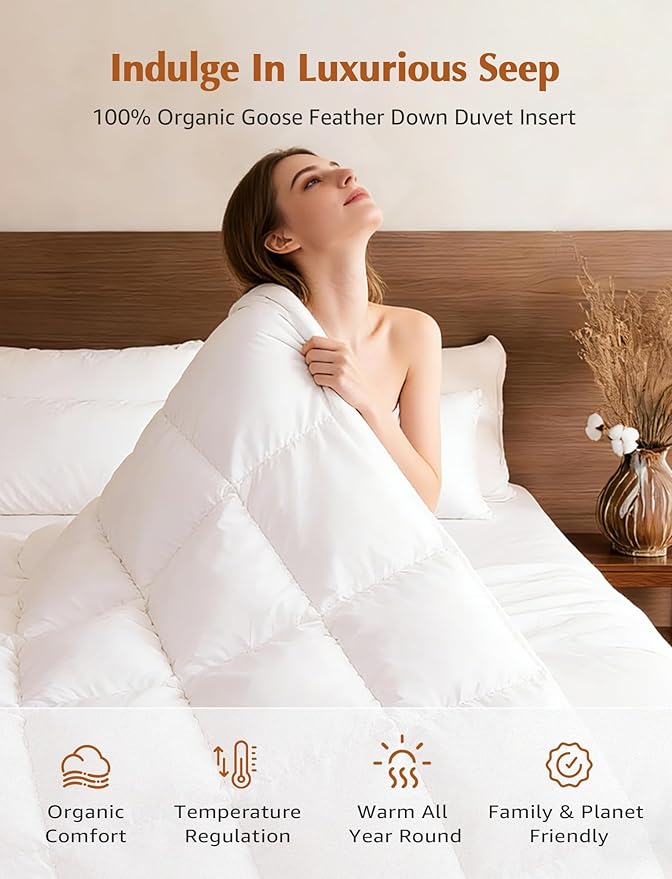 Hotel Goose Feather Down Fiber Comforter California King Size, 100% Organic Cotton Duvet Insert with 8 Loops, All Season Extra Fluffy Luxury Bedding(104"x96", White)