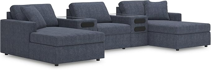 Signature Design by Ashley Modern Modmax Stain Resistant U-Shape Symmetrical 5-Piece Double Chaise with Audio Consoles and Reversible Cushion, Dark Blue