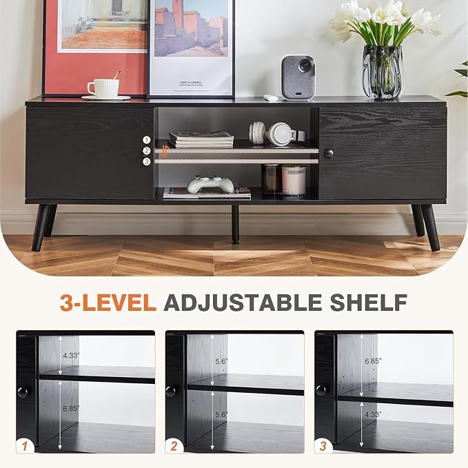 Sweetcrispy TV Stand for 55 60 inch TV, Modern Mid Century Entertainment Center with Storage Cabinet, Media Console Table for Living Room, Soft Hinge, Handle Door, Wooden Office Furniture, Tank - Image 3