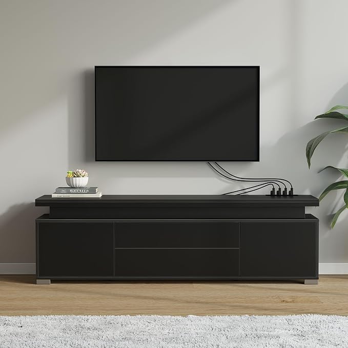 Rolanstar TV Stand with Power Outlet & LED Lights, Modern Entertainment Center for 32/43/50/55/65 Inchs TVs, TV Table, Universal Gaming LED TV Media Stand with Large Storage Cabinet, Black - Image 2
