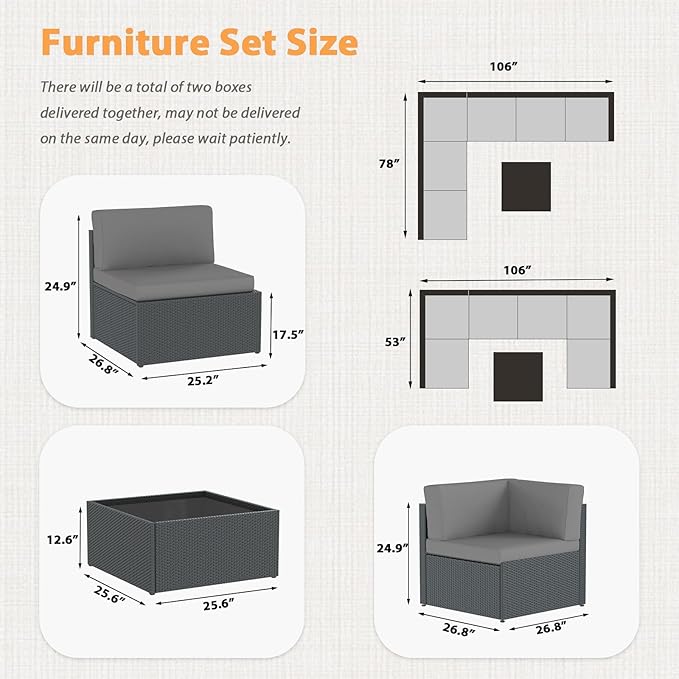 AECOJOY 7 Piece Outdoor Patio Furniture Set, Outdoor Sectional Conversation Furniture Chair with Coffee Table,Patio Sectional for Garden,Backyard(Grey Cushions and Black PE Rattan)