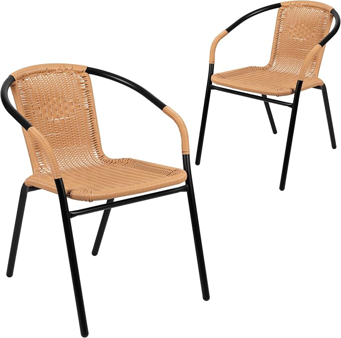 EMMA + OLIVER Set of 2 Modern Rattan Indoor/Outdoor Stack Chairs, Stacking Rattan Patio Chairs with Curved Back and Cross Bracing, Beige - Image 3
