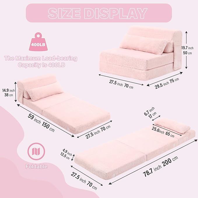 Tiita Convertible Folding Sofa Bed Single Size for Adults with Pillow, Plush Fabric Floor Mattress Couch Bed, Washable Cover & Side Pocket, Guest Room, Dorm, Apartment, Living Room, Pink