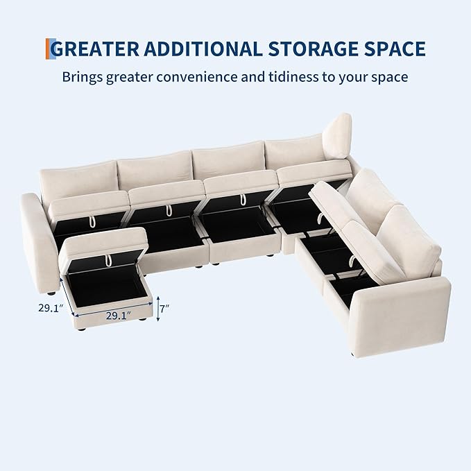 Sectional Couches for Living Room, Cloud Couch Sectional with Large Storage, l-Shape Modular Sectional Sofa with Ottoman (Beige 7-Seater)