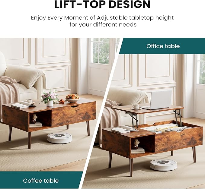 NEWBULIG Lift Top Coffee Table with Storage, Wooden Coffee Table for Living Room, Hidden Compartment & Open Shelf, Small Space Center Table, Rustic Brown