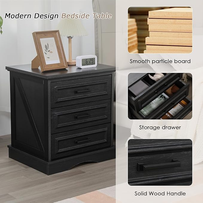 Farmhouse Nightstand with Charging Station, Wood Night Stands with 3 Drawers, 22" Wide End Table with Storage, Black Bedside Cabinet for Bedroom - Image 3