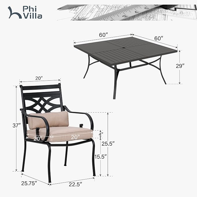 PHI VILLA 9 Pieces Outdoor Dining Set for 8, 60" Square Black Metal Table with Umbrella Hole & Wrought Iron Chairs, Large All Weather Outside Furniture with Cushions & Pillows for Patio, Porch, Deck - Image 2
