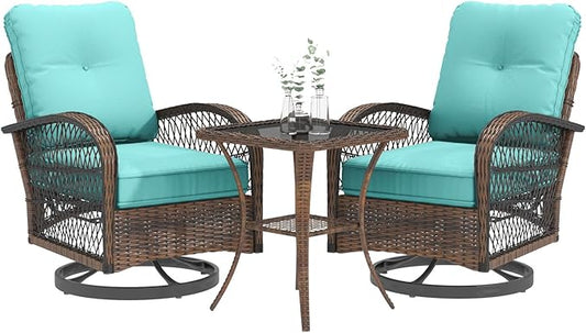 EROMMY 3 Pieces Patio Furniture Set, Outdoor Swivel Rocker Patio Chairs, Wicker Patio Bistro Set with Rocking Chair, Thickened Cushions and Glass Coffee Table for Backyard, Garden, Blue