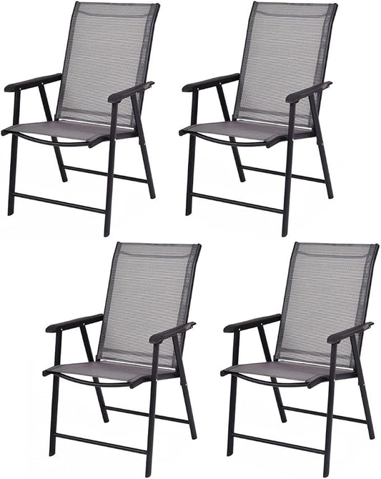 Giantex Set of 4 Folding Patio Chairs, Outdoor Portable Dining Chairs for Garden Camping Poolside Beach Deck Lawn, 4-Pack Sling Armchairs, Metal Frame, Grey by Giantex
