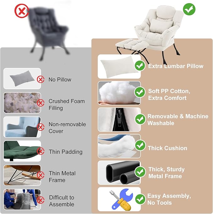 Lazy Chair with Ottoman, Modern Accent Chair with Lumbar Pillow, Beige Sofa, Armchairs with Folding Footrest, Oversized Supportive Chairs for Bedroom, Reading