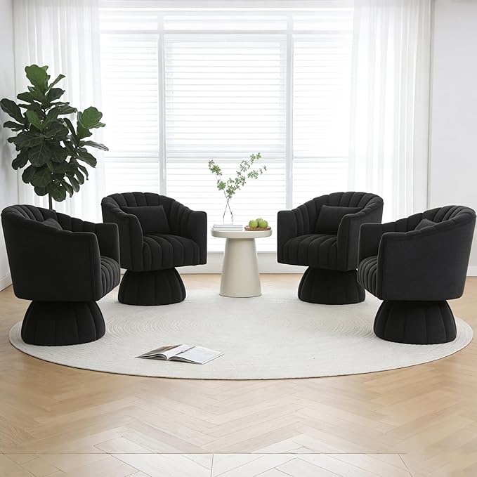 ClinQ Swivel Barrel Chair with Pillow Set of 4, 360° Cloud Velvet Round Swivel Accent Chair, Upholstered Cuddle Reading Lounge Chair for the Living Room, Bedroom, and Office, Black-Vertical Stripes