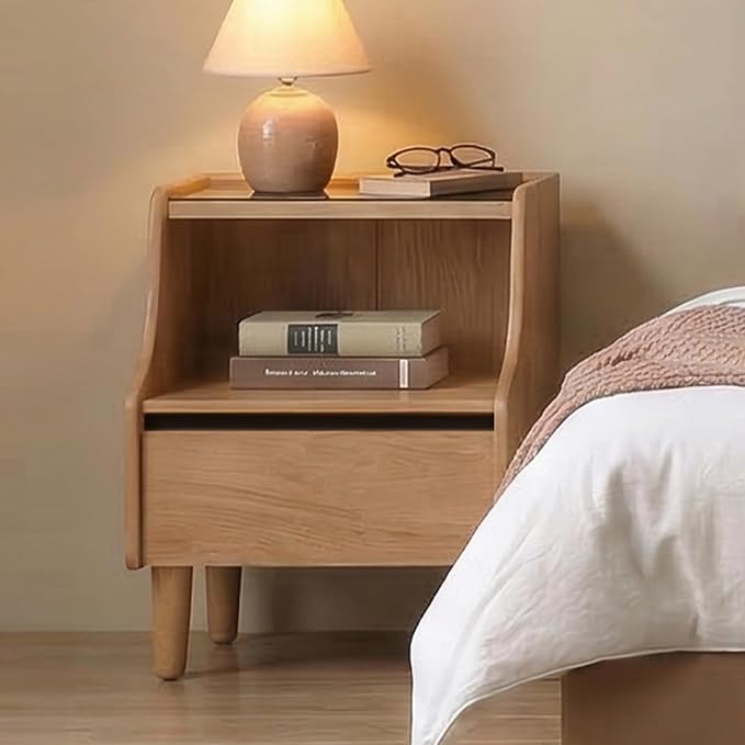 YESWOOD 100% Solid Wood Nightstand, Natural Oak Nightstands with Drawer Open Storage, Modern Night Stand with Glass Tabletop, Wooden Bedside Table for Bedroom, Side Table Living Room(23.62" H) - Image 5