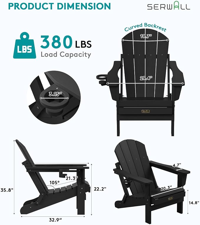 SERWALL Folding Adirondack Chair Set of 2, All Weather Adirondack Chairs with Cup Holder for Patio Garden Outdoors Fire Pit - Black - Image 2