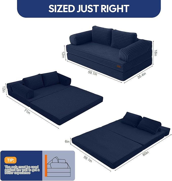 MeMoreCool Convertible Sofa Bed, Folding Floor Couch Bed Queen, Pull Out Sleeper Couch with Pillows, Fold Out Futon Sofa for Bedroom Living Room Small Space, Corduroy Beige